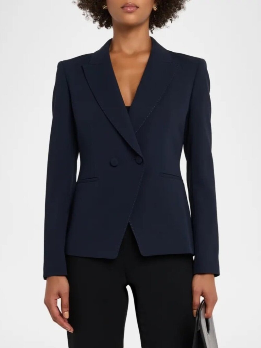 Lafayette 148 x The Morning Show US 14 Navy Double-Breasted Pick Stitch Blazer